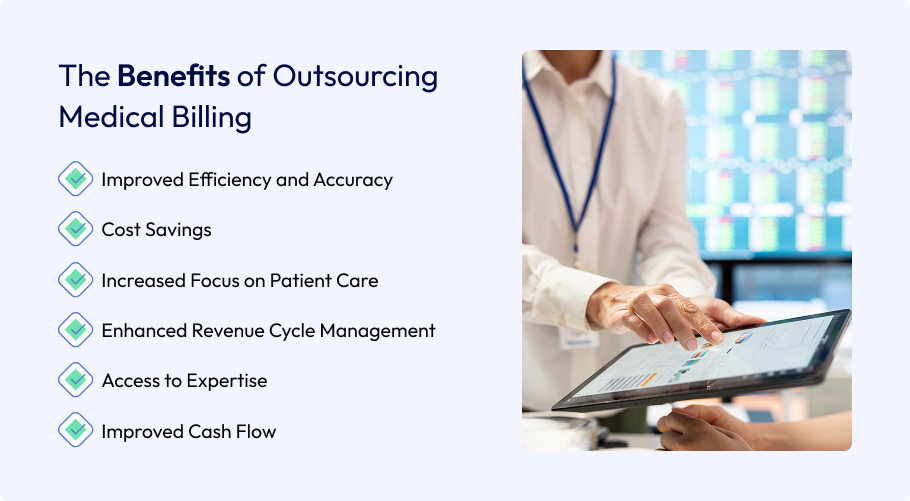 Infographic showcasing the benefits of outsourcing medical billing, including cost savings, improved efficiency, better revenue cycle management, and enhanced patient care focus.