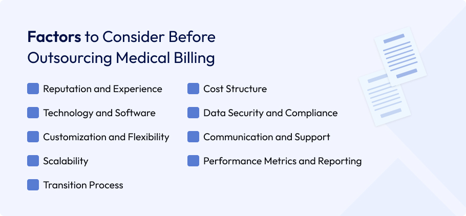 Infographic listing key factors to consider before outsourcing medical billing, including reputation, technology, compliance, cost, scalability, and performance reporting.